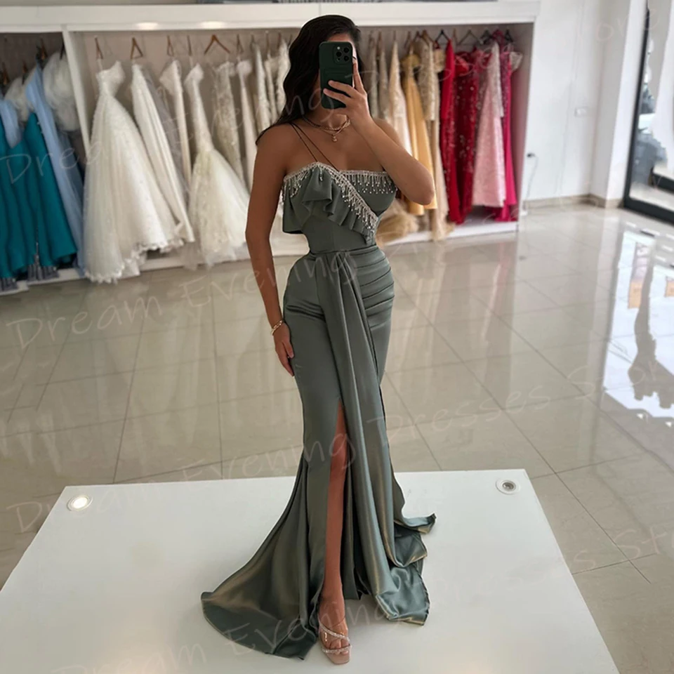 Saudi Arabia Generous Women's Mermaid Charming Evening Dresses Sleeveless Pleated Prom Gowns Sexy Split Robe De Soiree Femmes