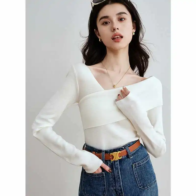 

Elegant French Style Collarbone Slim Fit Sweater Women Off Shoulder V Neck Knit Top Chic Minimalist Figure Flattering Pullover