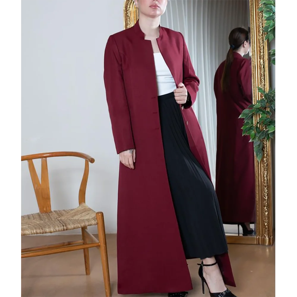 Burgundy Standing Collar Women Long Jacket Female Daily Single Breasted Coat Formal Female Saudi Arabia Dress müslüman elbiseler