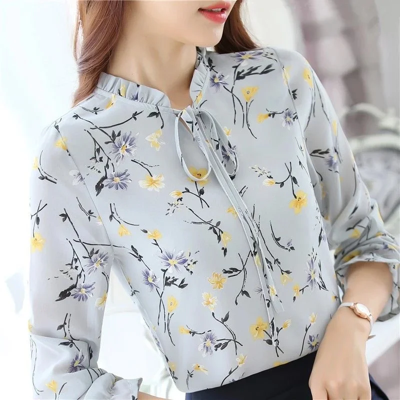 Women Spring Autumn Style Blouses Shirts Lady Casual Long Sleeve Bow Tie Collar Flower Printed Blusas Tops