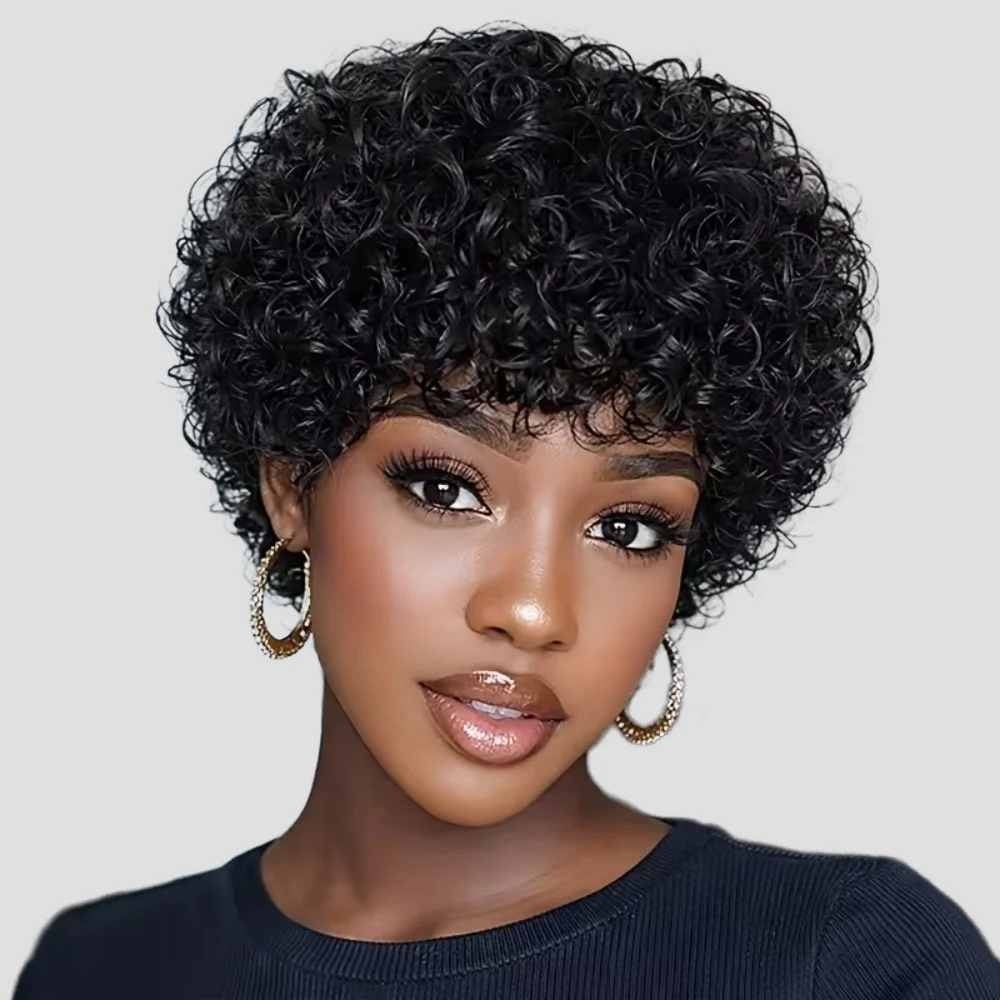 

Парик Jerry Curly Bob с кудрями, короткий парик из натуральных волос для чернокожих женщин, 8 дюймов, короткий парик в стиле пикси, афро-кудри с челкой.