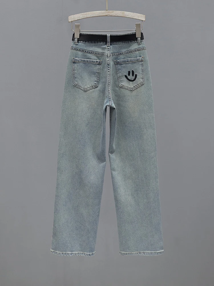 

Синие джинсы с вышивкой, прямые, с высокой талией, женские, весна-лето, новинка, повседневные, облегающие, свободного кроя