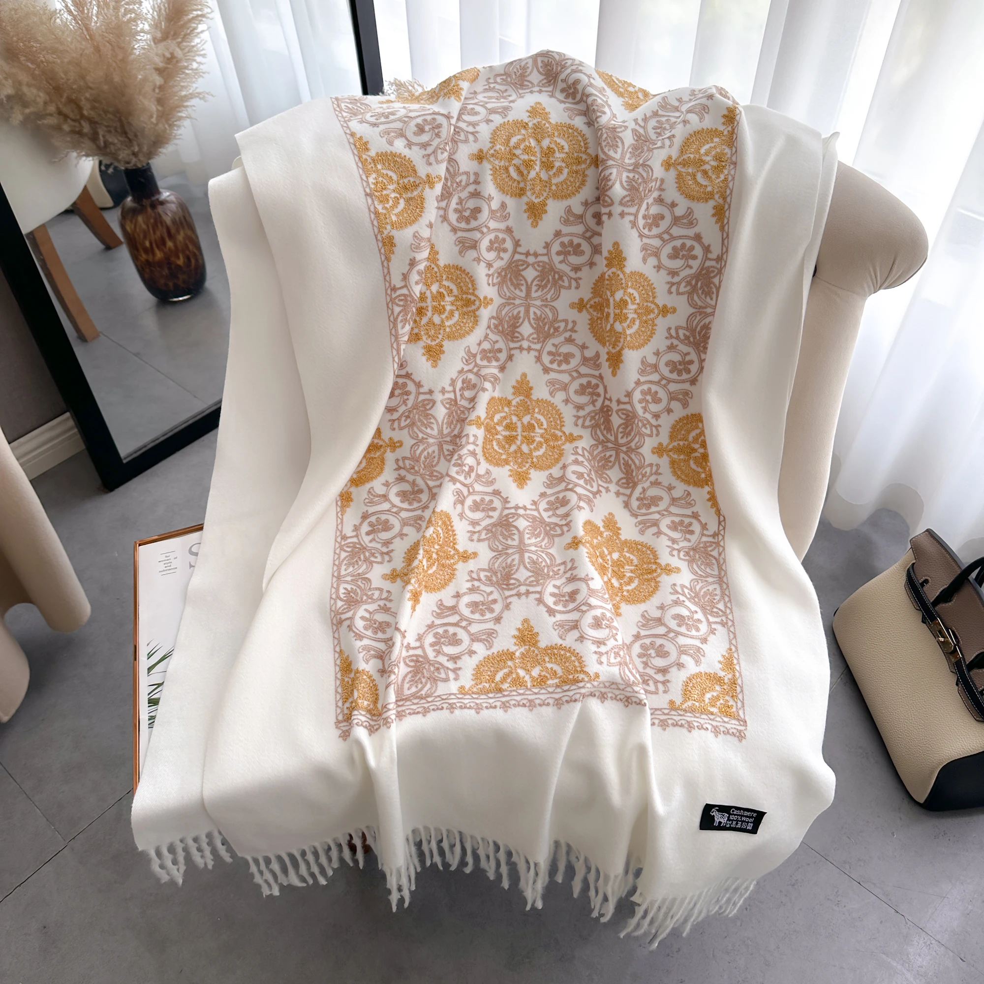 Luxury High Quality Embroidery Scarf Elegant Women Winter Thick Warm Neck Pashmina Long Fringe Scarves Lady Blanket Soft Shawl