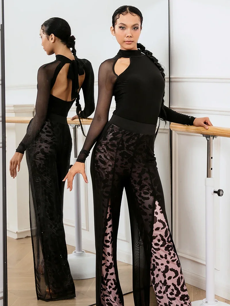 Vêtements de danse modernes pour femmes, Standard National, col haut, maille épissure, découpe, dos nu, body de danse latine pour adultes avec coussinet de poitrine