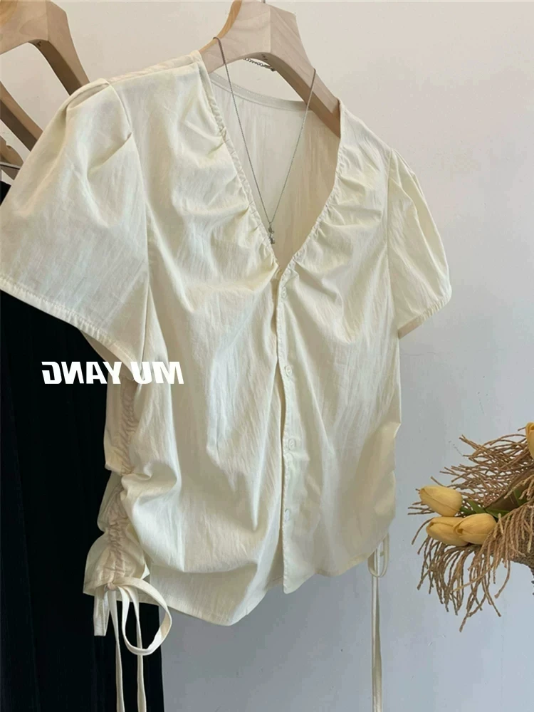 

French Style Bubble Sleeve Shirt Women's V-neck Drawstring Waist Slimming Folded Hem Summer Design Casual Top
