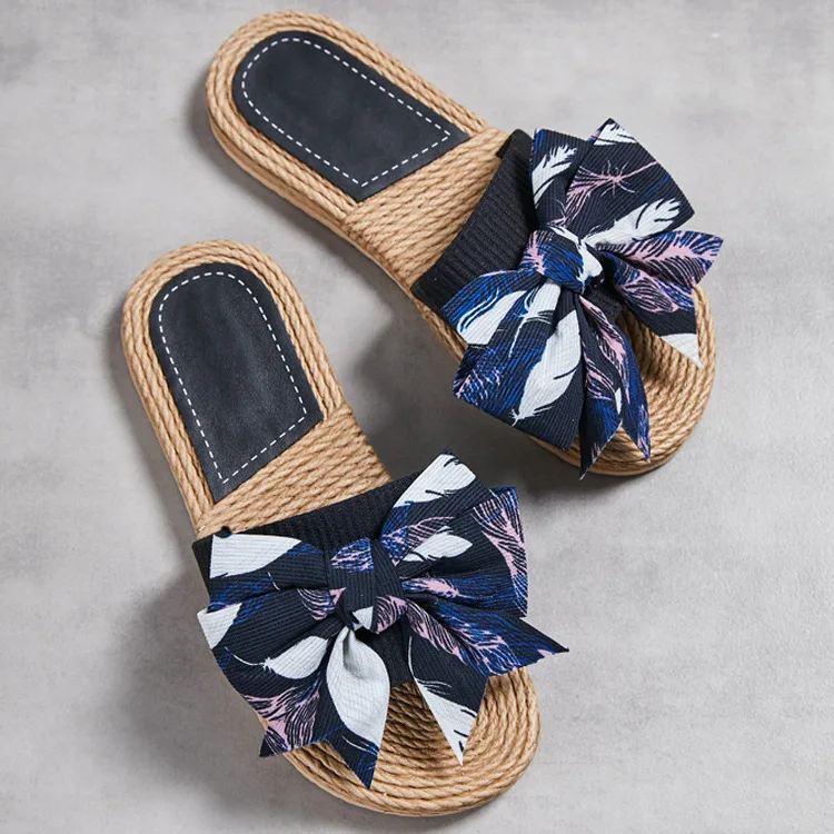 Ladies Leopard Shoes Women Summer Slippers Artificial Straw Flower Slides Female Bows Floral Slippers Outdoor Non Slip Slippers