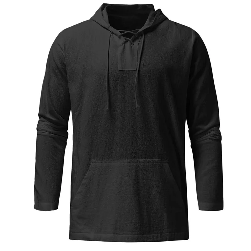 Men\'s Casual Hood Shirt T-shirt Fashion Vintage Thin Long Sleeve Top Breathable Viking Front Lace Up Shirts