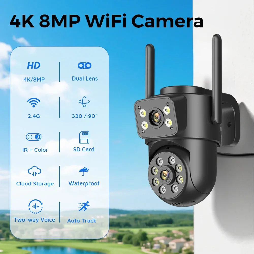 

8MP 4K Wifi Security Cameras Dual Lens Dual Screens ICSEE Surveillance Camera Outdoor 7/24 Record Human Detection Night Vision