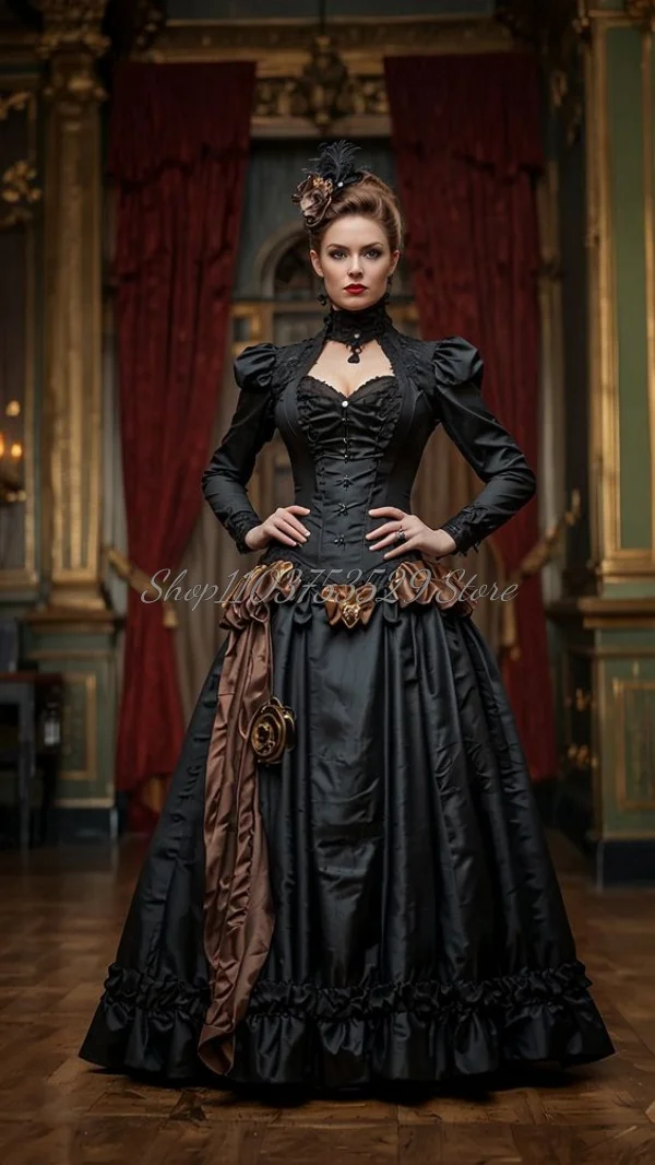 Vintage Black Steampunk Prom Dress Vintage High Neck Long Sleeve Cubic Floral Ruffle Ruffled Corset Customisation Evening Dress