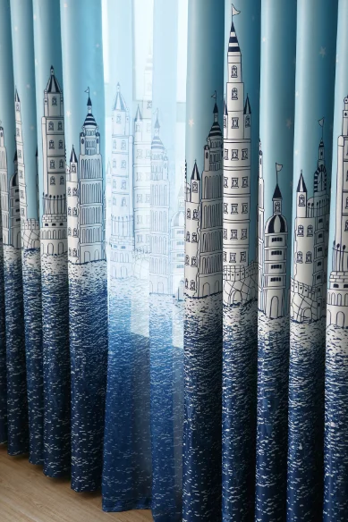 Nordic Light Luxury Style Sky Blue Printed Castle Childlike Curtains Living Room Bedroom Balcony Blackout Curtains