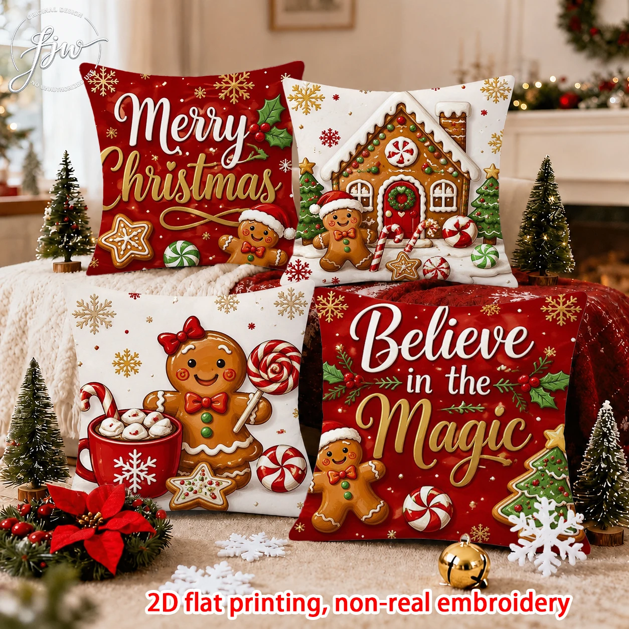 1pcs Christmas Gingerbread Man Throw Pillow Covers 2D Flat Printed Holiday Decorative Cushion Cases for Home Sofa Couch