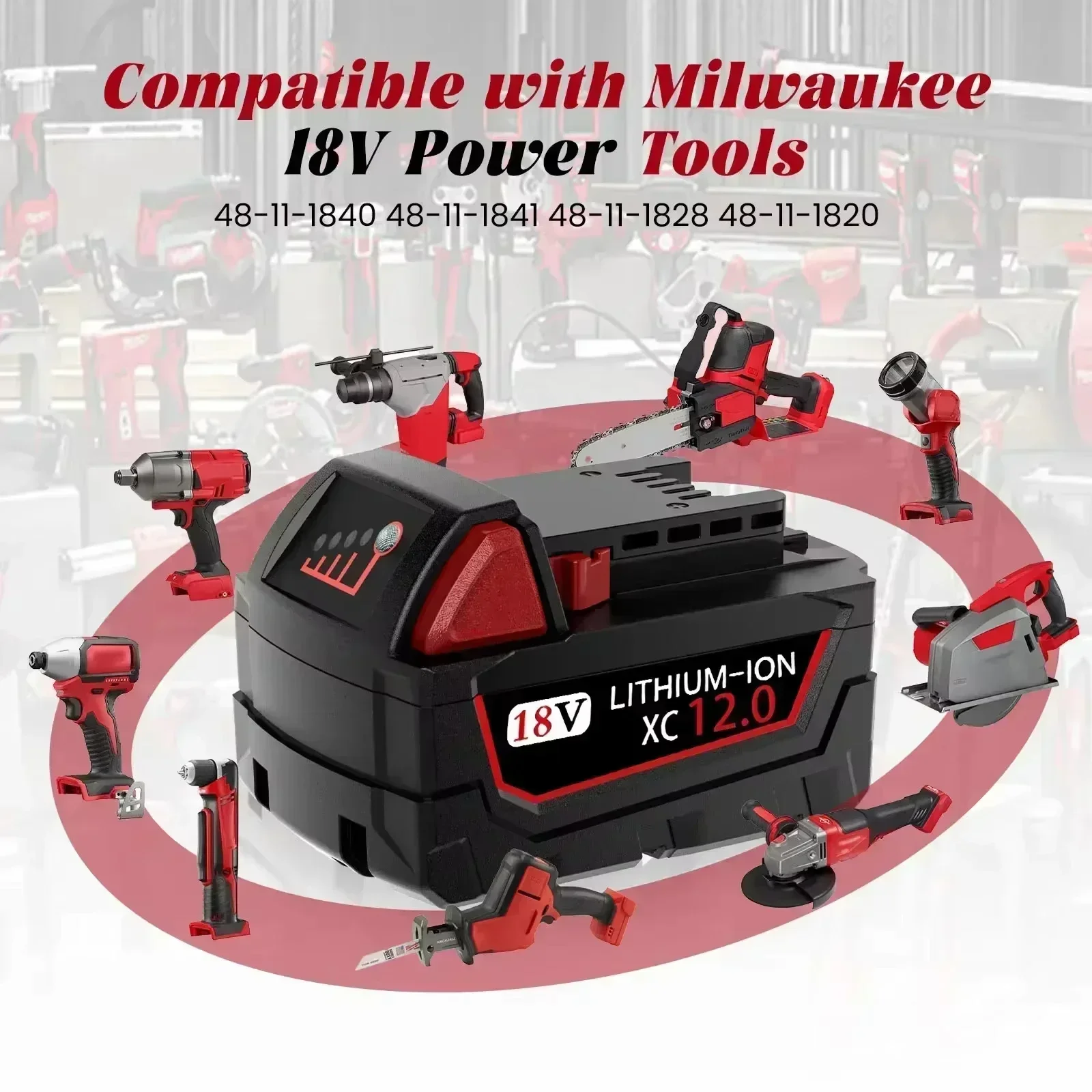 For Milwaukee M18 Power Tool Battery, Charger, BR, XC, 18V, 12000mAh 9000mAh M18B5, 48-11-1860,2604-22 Built-in 18650 Battery