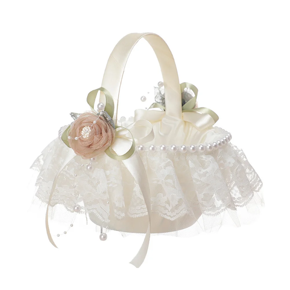 

Premium Flower Basket Wedding Party Basket with Lace and Pearls Flower Baskets for Wedding Ceremony Decoration