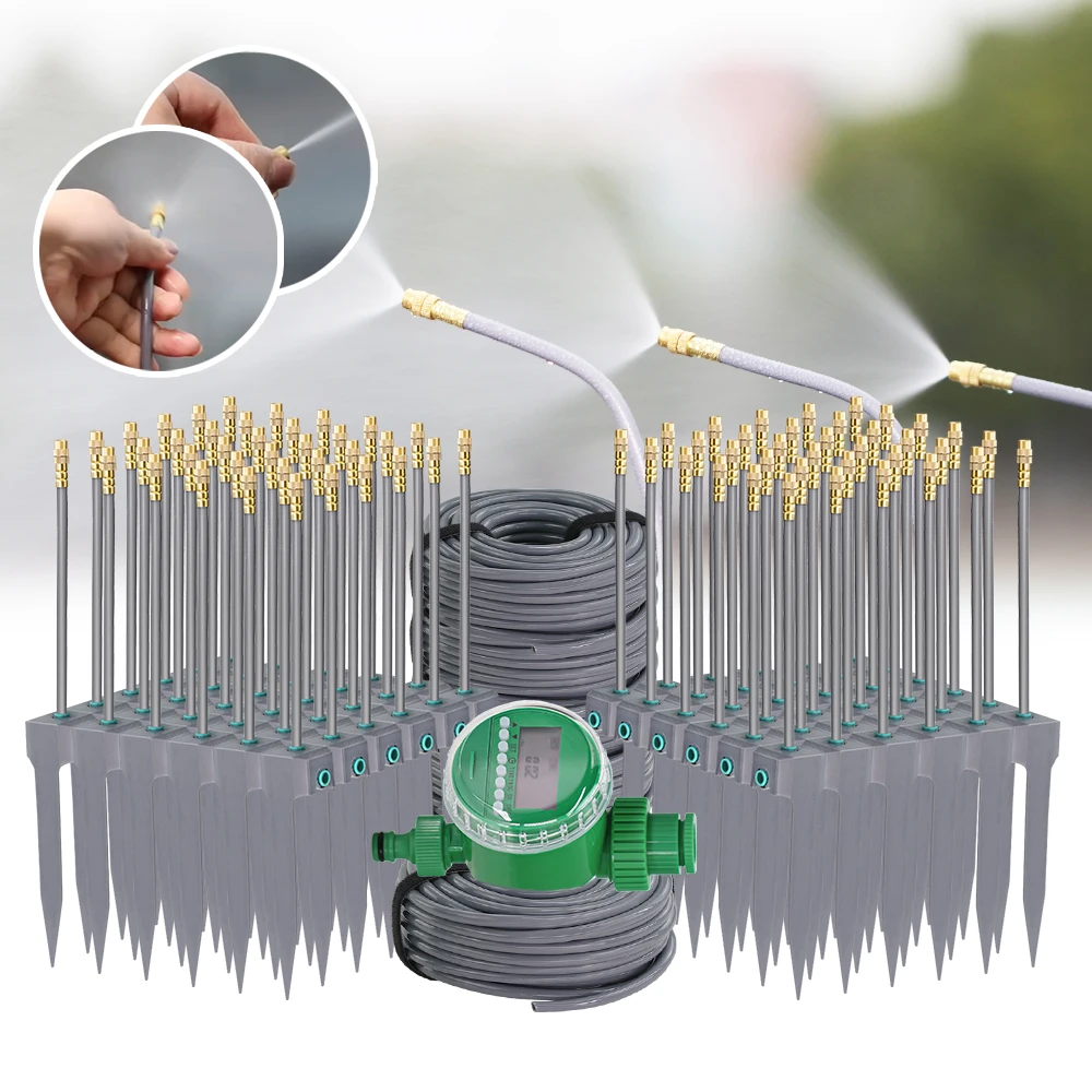 

5M-25M 360° Bendable Mist Brass Nozzle Garden Irrigation Misting Sprinkler Self-priming Timer Watering Cooling System Spray Kit