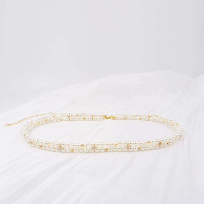 

Elegant shiny pearl waist chain with high-end decoration, metal thin waist belt for women, gold silver with fur thin waist chain