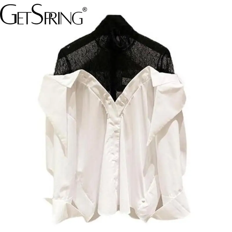 Getspring Women Shirt Asymmetry Lace Patchwork White Blouse Long Sleeve Fake Two Color Matching Casual Shirt Tops 2021 New