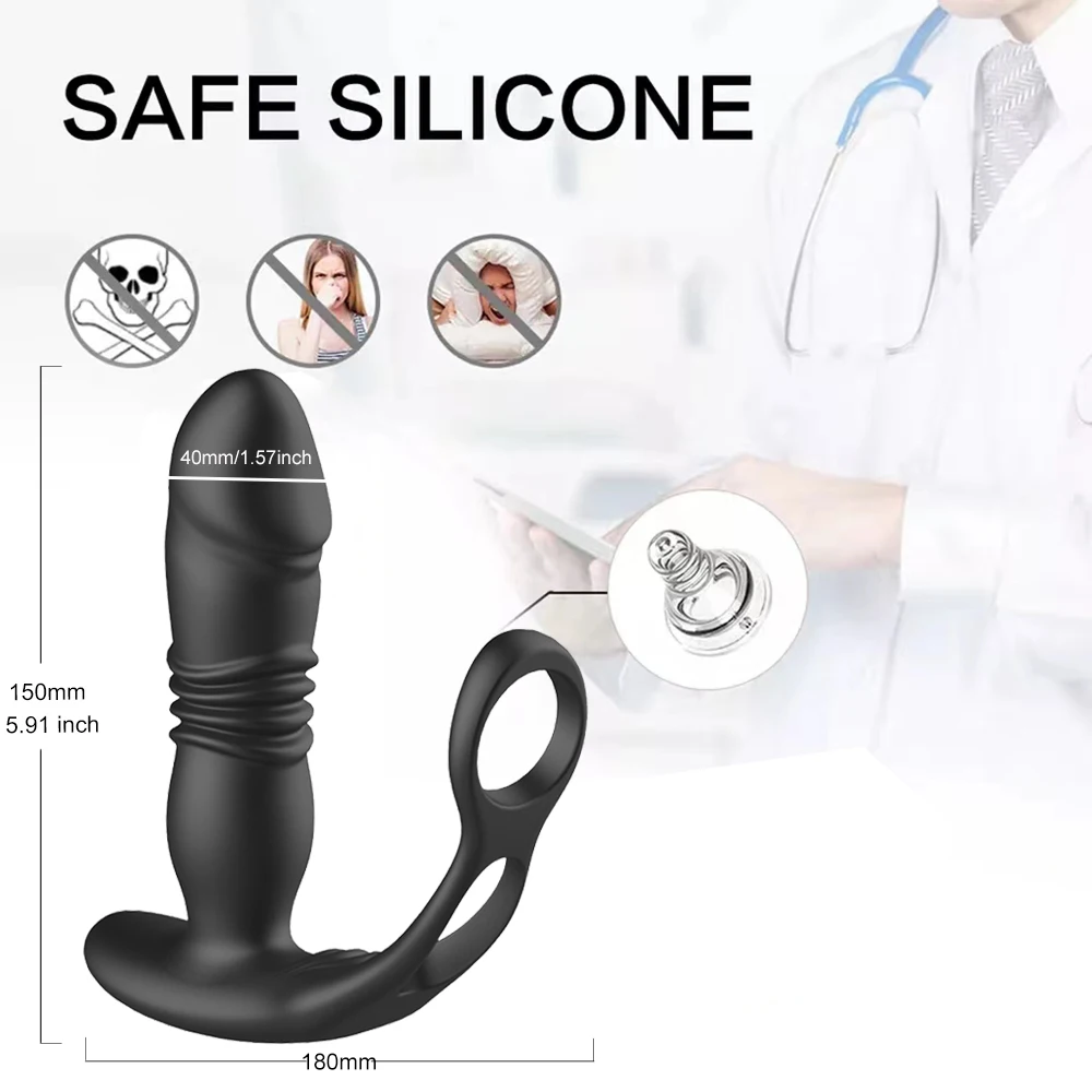 Thrusting Prostate Massager Anal Vibrator Stimulator Delay Ejaculation Lock Ring Anal Butt Plug 3 in 1 Dildos Sex Toys For Men