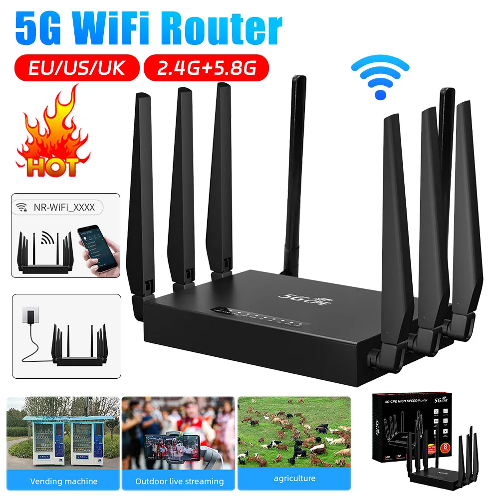 5G CPE WIFI6 Router Dual Band 2.4G+5.8G Wireless Router with SIM Card Solt 5dBi High Gain Antennas Home Router Support 32 Users