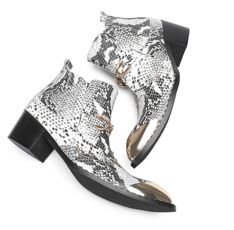 Designer Metall Karree Cowboy Motorrad Kurze Stiefel Männlich Große Größe Nieten Echtes Leder Stiefeletten Business Formale Schuhe – Detail 8