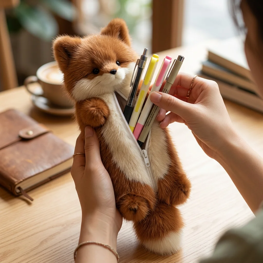 

Cute Foxes Plush Pencil Case Soft Stationery Organizer Large Capacity Easy To Carry For Students School Use