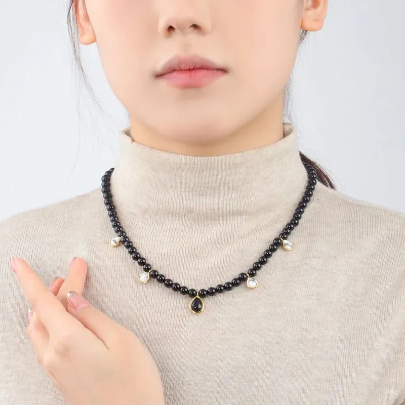 Spring and summer new natural black agate beaded necklace ethnic style high-end water drop pendant collarbone chain