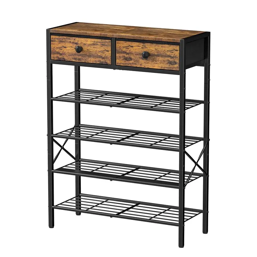 

Rack for Entryway, 5 Tier Shoe Organizer with 2 Nonwoven Drawers, Metal Storage Shoe Shelf for 1620 Pairs of Shoes, with Wooden