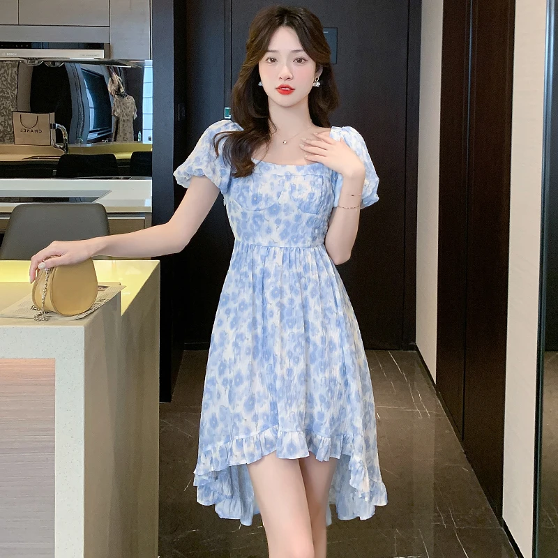 

Blue floral dress spring and summer 2023 new chiffon French front short back long irregular skirt woman