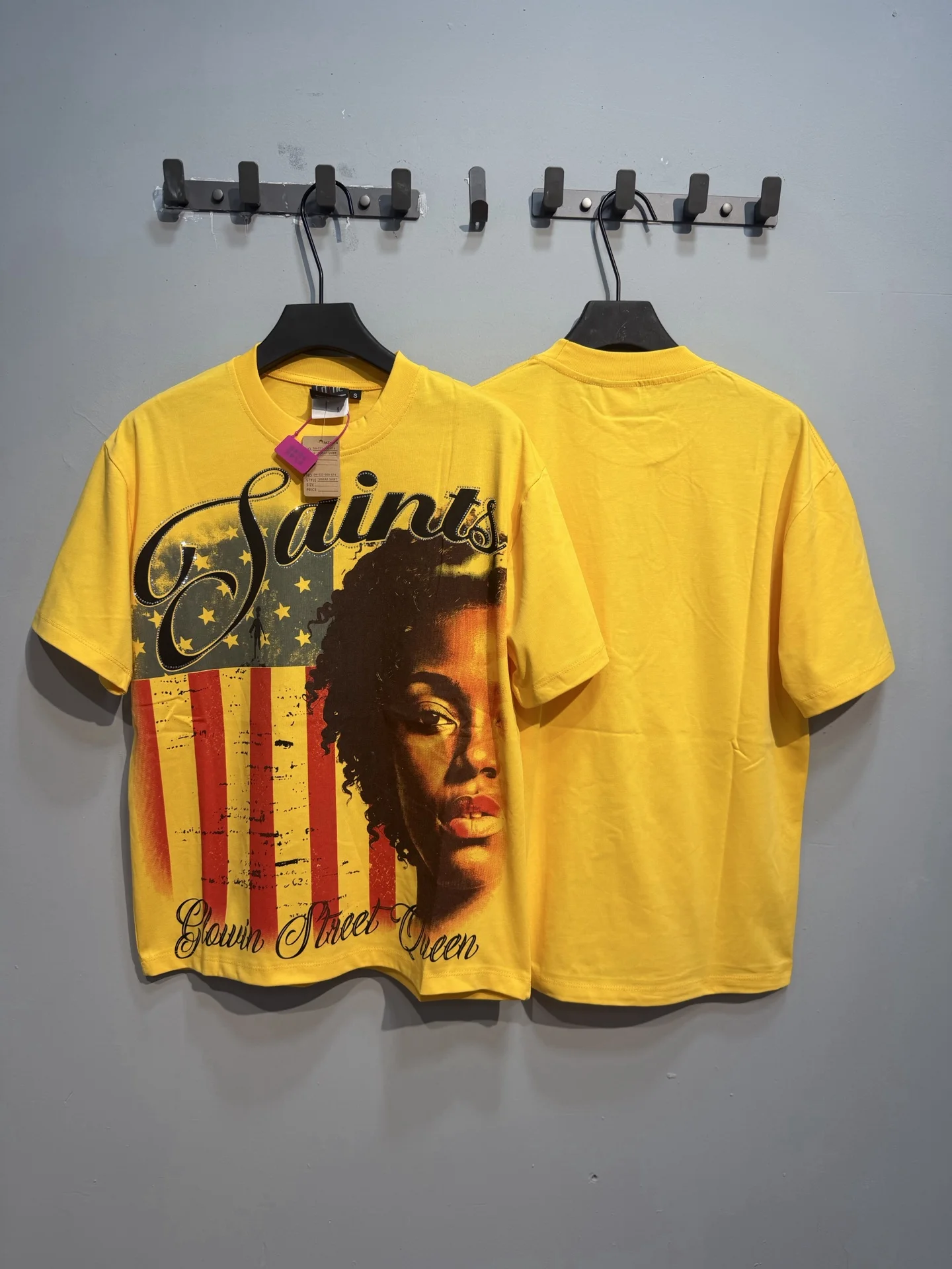 SAINT Yellow White American Flag Print T Shirt Men Women High Quality Tee Tops T-Shirt