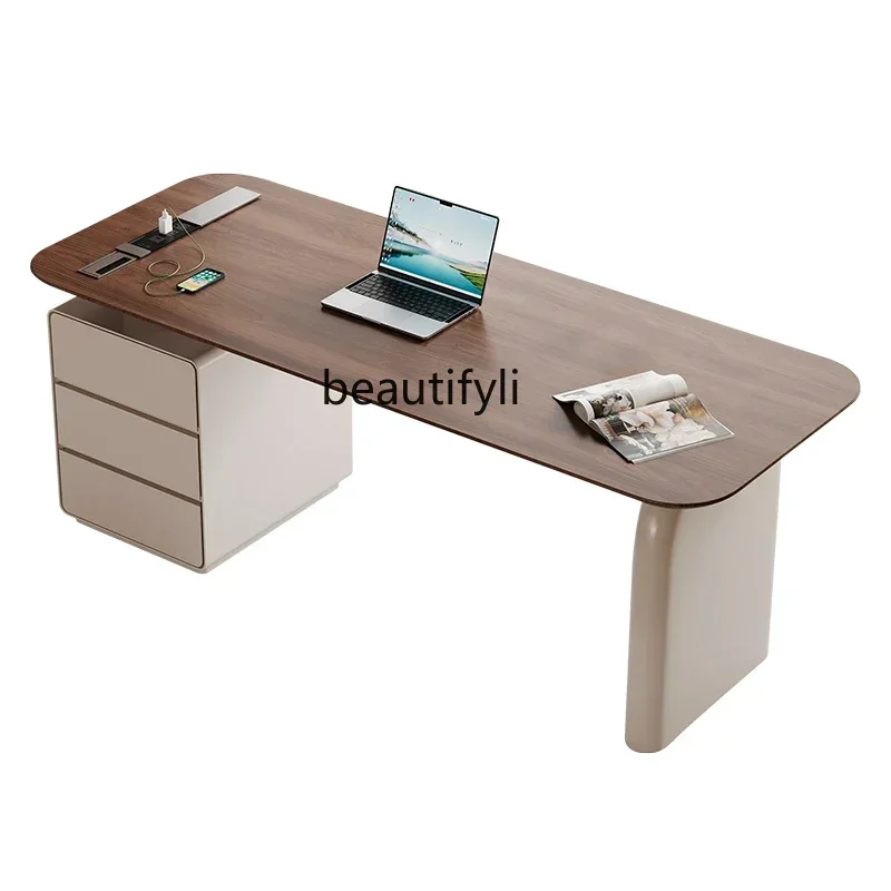 

Black walnut leather retro study desk solid wood home study table bedroom computer table and chairs