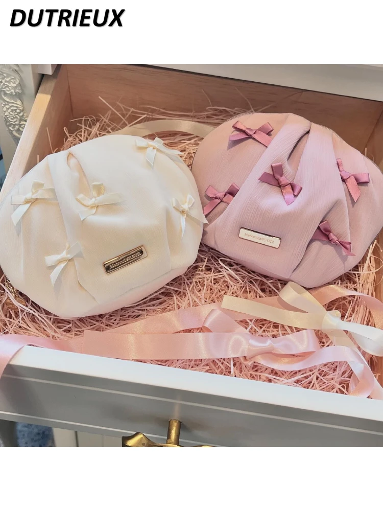 Women's Handbags Princess Bowknot Ribbon Gathers Fashion Small Round Cosmetic Bag Female Sweet Cute Makeup Case for Lady