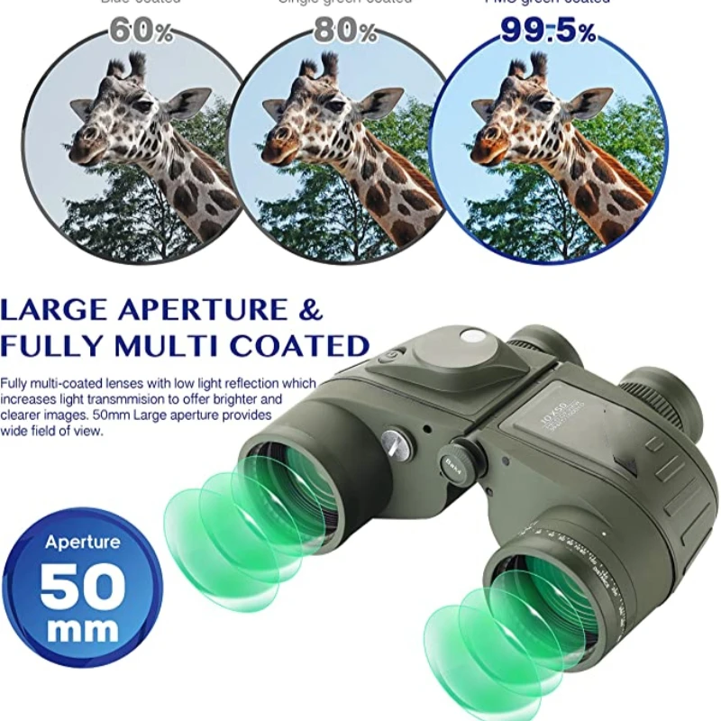 Marine Military Tactics 10x50 Waterproof Binocular with Rangefinder Compass BAK4 Prism FMC Lens Bino For Camping Hunting Boating