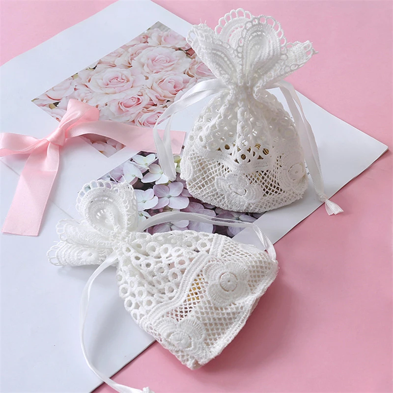 Bolsas con cordón y borde de encaje hueco blanco 3D, bolsa de almacenamiento de joyas, fondo redondo, paquete creativo de seda de leche, bolsillo de 10x14CM