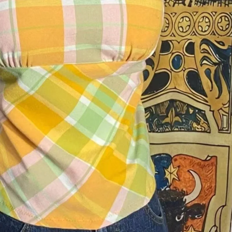 夏ドーパミンガールキャミソール日本のヴィンテージ甘いかわいいホルターベストレトロサブカルチャーチェックタンク女性のスリムフィットショートトップス