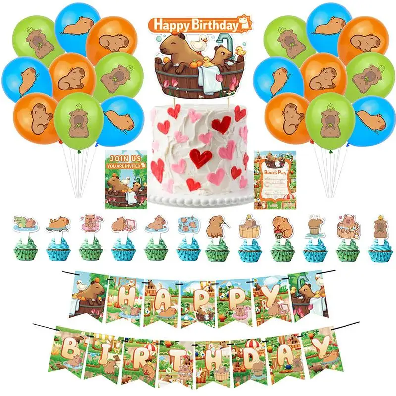 Capybara Theme Birthday Party Decoration Supplies For Kids Adults With Happy Birthday Banner Cake Topper Cupcake Toppers Balloon