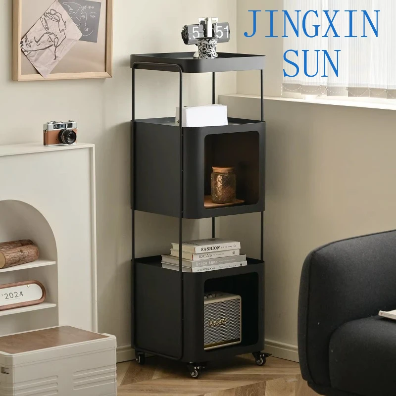 Wrought Iron Floor-to-Ceiling Movable Bookshelf Integrated Wall Corner Shelf Small Storage Cabinet for Living Room