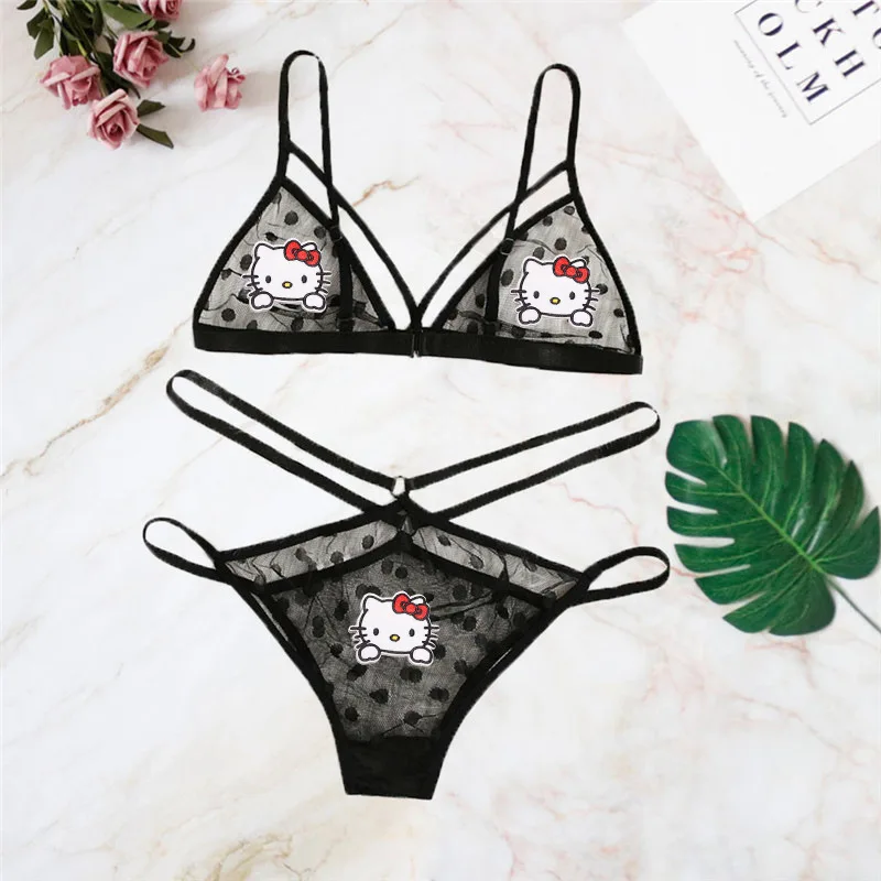 MINISO Sanrio Kawaii Cartoon Anime My Melody Hello Kitty Kuromi Sexy Lingerie Sexy Polka Dot Lace Transparent Bikini Bra Panties