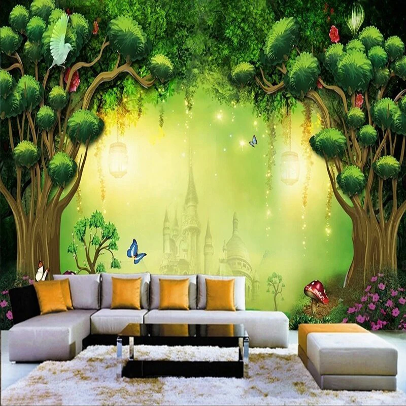 

Modern simple high-end dreamy forest wall painting 3d stereoscopic large TV luxurious home decoration background wall