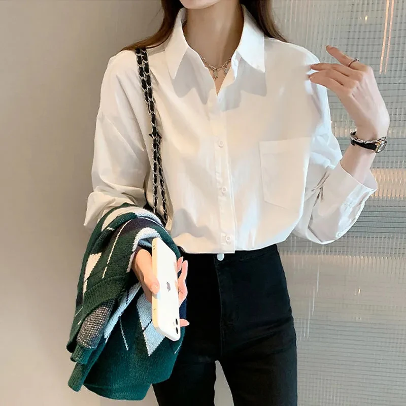 Frühling Herbst Vintage Weiß Shirts Frauen Mode Einfache Midi Tops Harajuku Drehen Unten Kragen Langarm Büro Damen Blusen