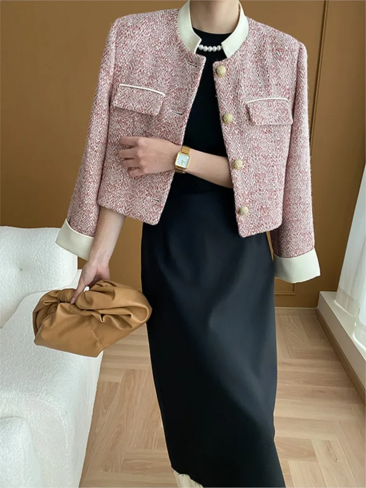 

Red tweed coat Spring/autumn women's new stand collar small fragrance coat one piece