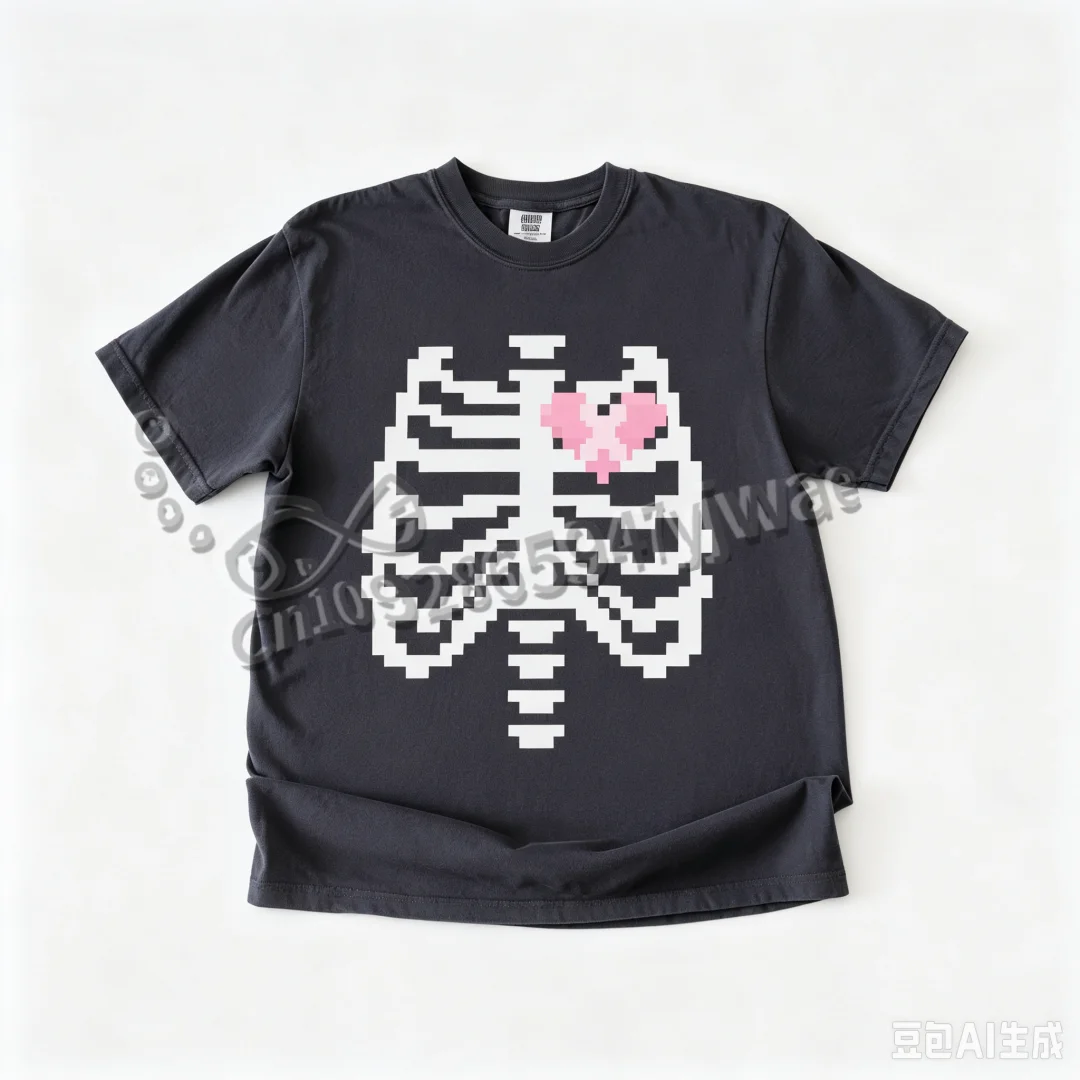 Rosa Rippen-Skelett-Fledermaus-Shirt Halloween Pastell-Gothic-Stil Hexen-Shirt Kleidung Yami Kawaii Streetwear T-Shirt Damen- und Herrenbekleidung – Detail 9