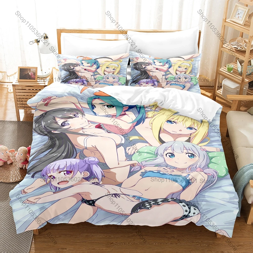 Eromanga Sensei 3PCS Bed Set Sagiri Izumi Vivid Art Print Cozy Microfiber All Season Bedding Cute Silver Hair Character Pattern