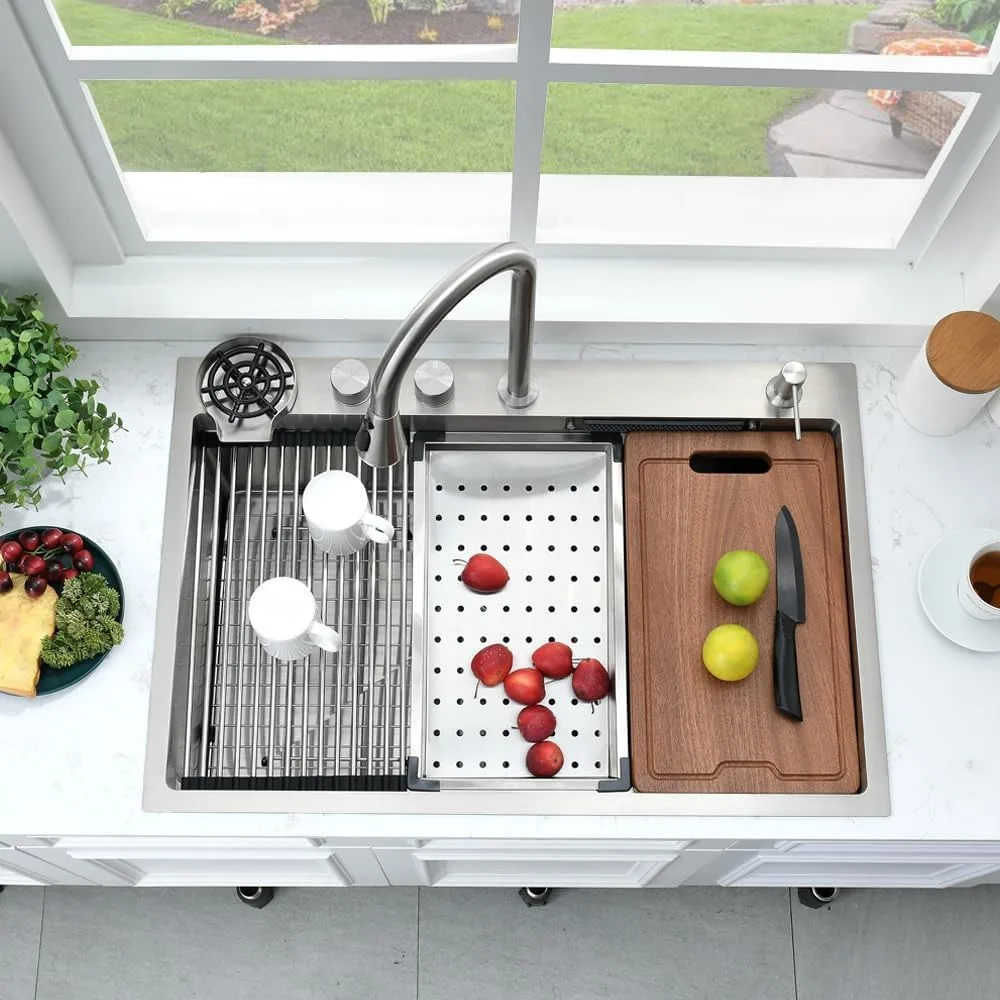 33 inch waterfall drop in kitchen sink with fuacet combo- 33x22 waterfall kitchen sink with cup washer stainess steel top mount
