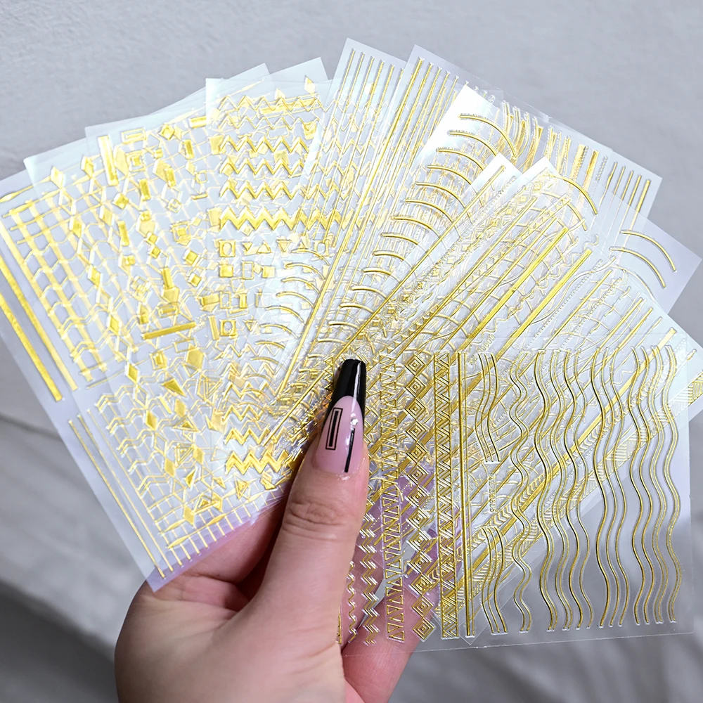 1Pcs 3D 골드 프렌치 라인 네일 스티커 금속 곡선/기하학적 스트라이프/웨이브 자체 접착 데칼 럭셔리 매니큐어 장식 슬라이더