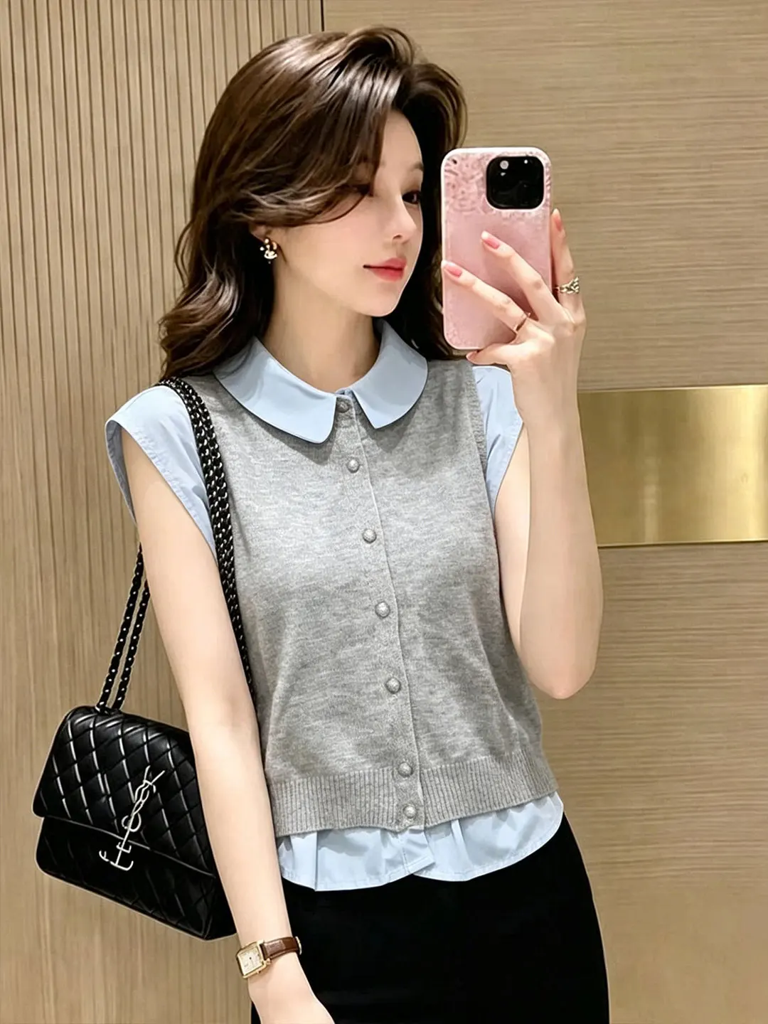 

College Style Ice Silk Knitted Short Sleeve Shirt with Collar Color Block Design Women's Fashionable Versatile Summer Top