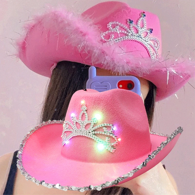 Pink west Cowgirl Hats for Women Cow Girl Hats Tiara Feather Felt Western Sequin Cowboy Hat Costume Party Play Dress Cap