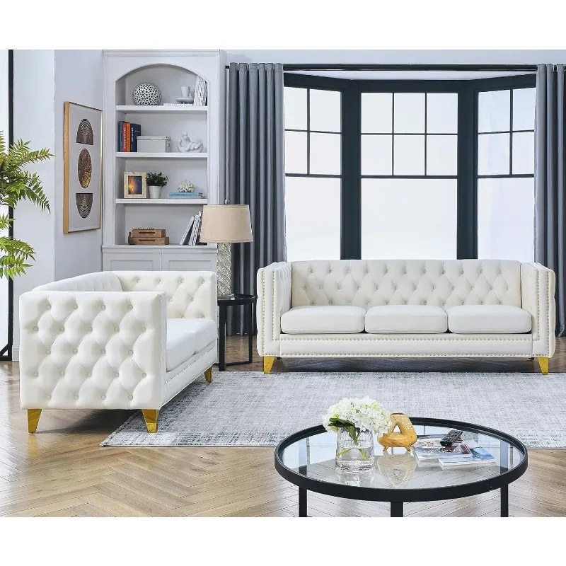 Velvet Living Room Sofa Set of 2, Comfy Loveseat and 3 Seater Couch, Modern Sofa with Tufted Back and Rivet Decoration