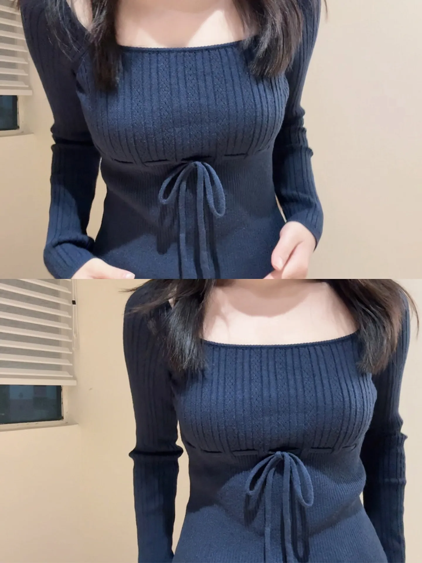 

Spring 2026 Women's Korean Style Knitted Top Belted Waist with Bow Tie Square Collar Base Shirt Soft Polyester Fiber