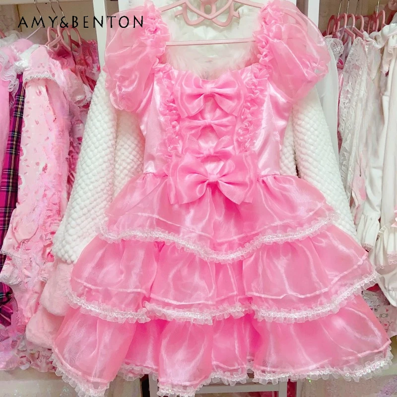 

Japanese Original Pink Sweet Y2k Lolita Women's Cake Dress 2026 Summer New Cute Bow Age-reducing Fairy Princess Dresses Female