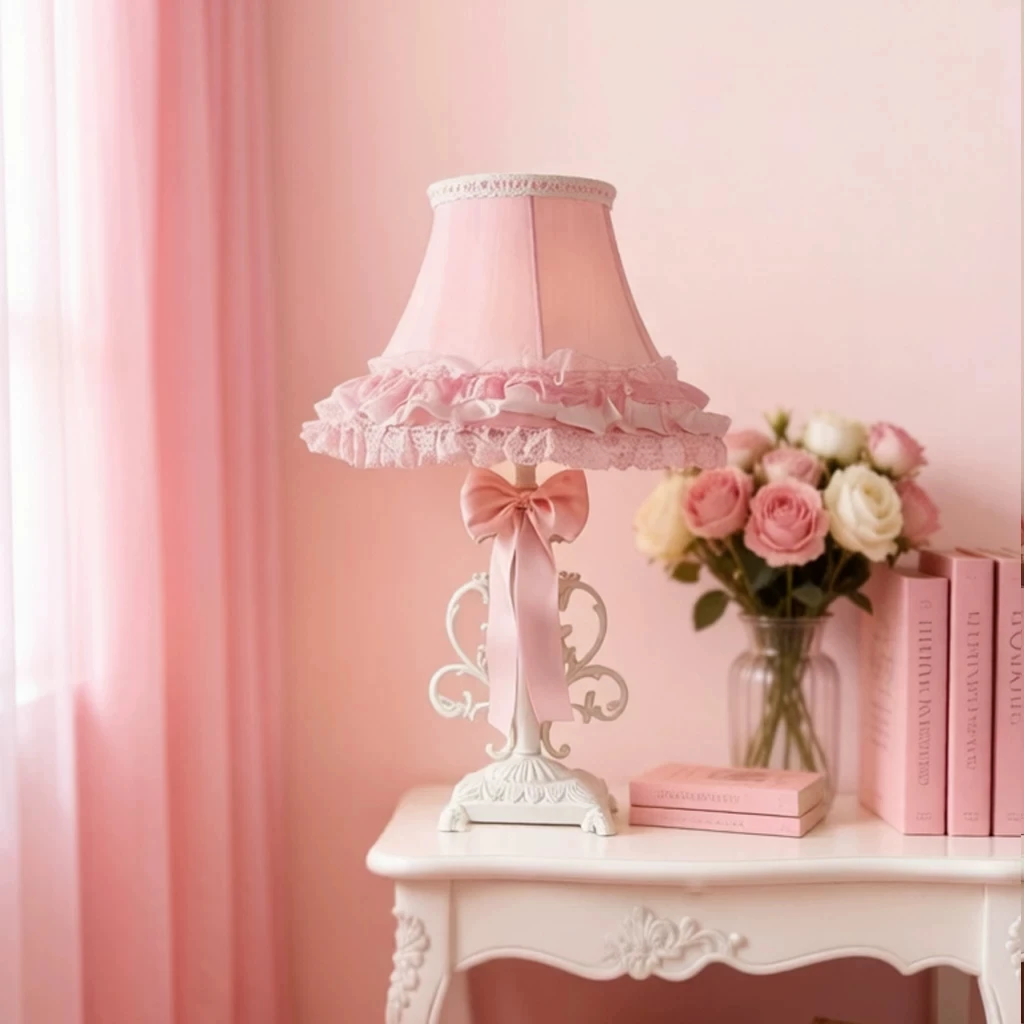 French court lace table lamp, princess style bedroom bedside lamp, pink girl's wedding room decoration pendant lamp