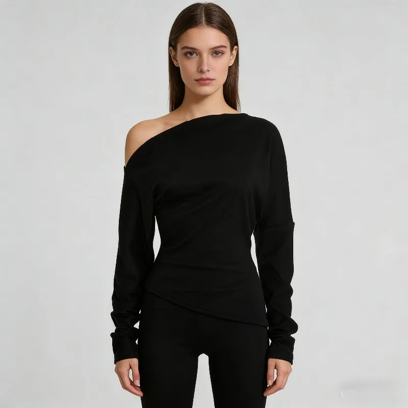 

Черная повседневная женская футболка с косым воротником и нерегулярным разрезом с длинными рукавами, весенне-осенние новые женские топы с открытыми плечами и завязкой на талии